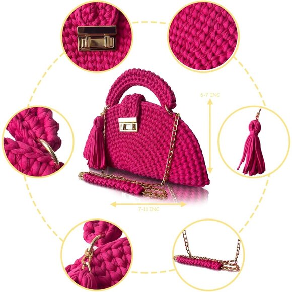 Women's Handmade Crochet Pink Evening Clutch Small Formal Flap Crossbody Bag - Picture 6 of 6
